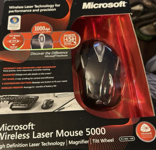 NEW Factory Sealed Retail Box Microsoft Wireless Laser Mouse 5000 Metallic Black