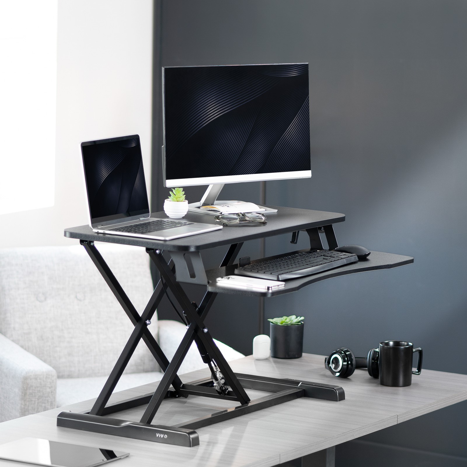VIVO Black Height Adjustable Standing Desk Monitor Riser 32″ Sit Stand Tabletop