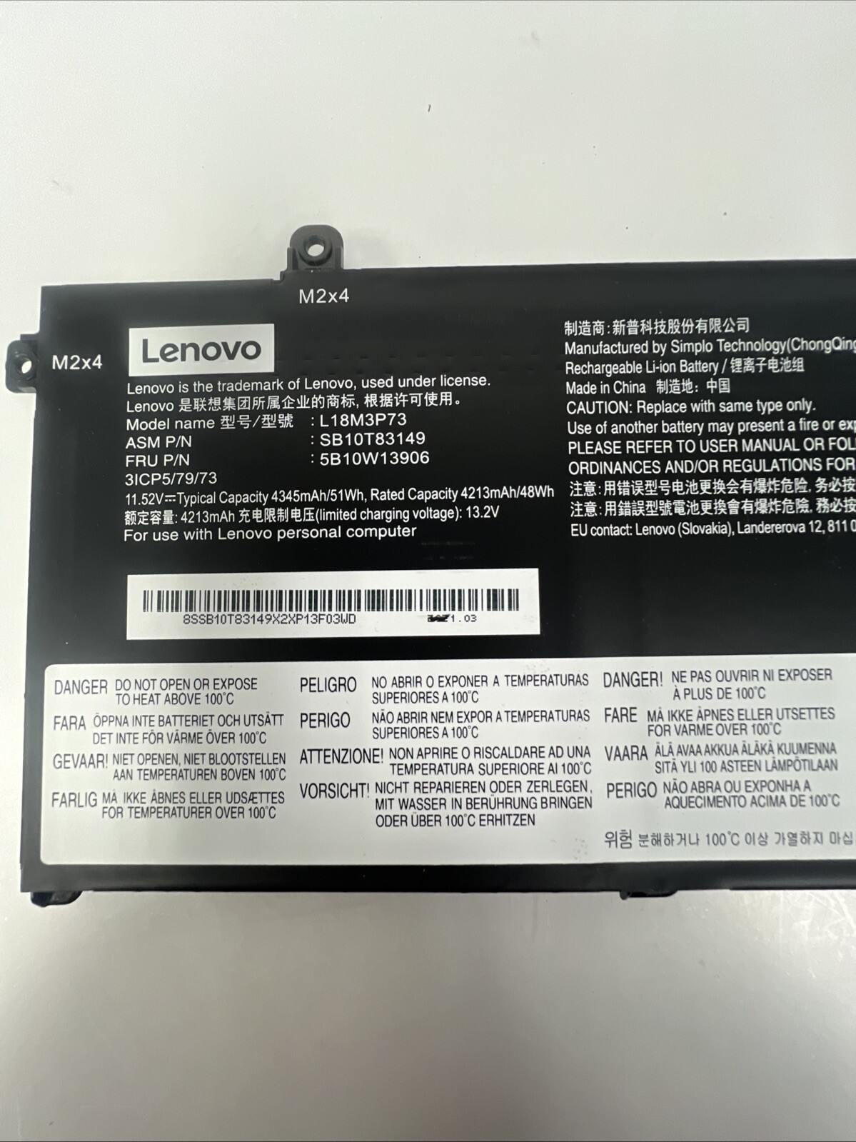 Lenovo ThinkPad 11E 11.55V=4372mAh/49Wh L18L3P73 Battery Only