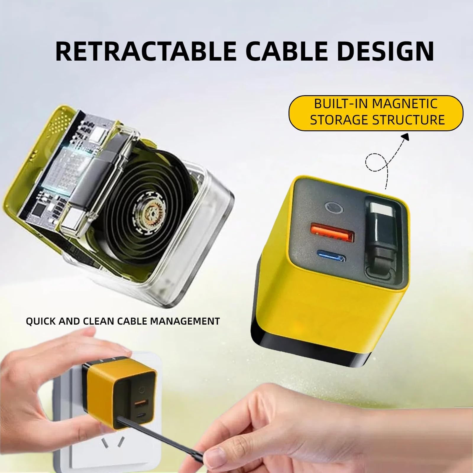 3 in 1 GaN Charger,80w Fast Charger Adapter with Type-C Cable & 2 USB yellow