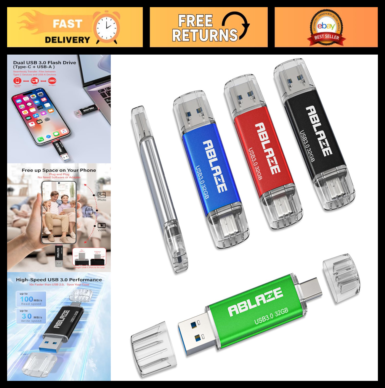 32GB Dual USB Flash Drive 5 Pack – USB 3.0 & USB-C for iPhone, Android, Mac, PC