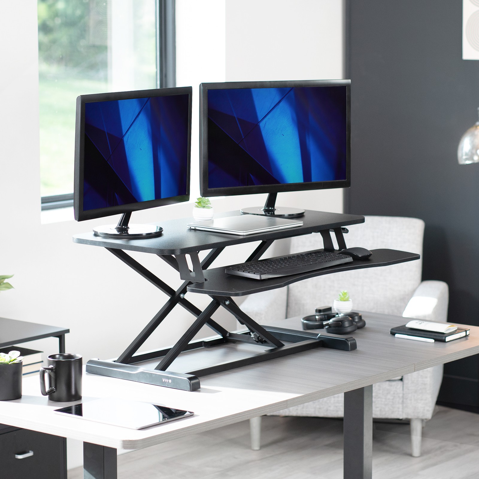 VIVO Black Height Adjustable 36″ Standing Desk Monitor Riser, Sit Stand Tabletop