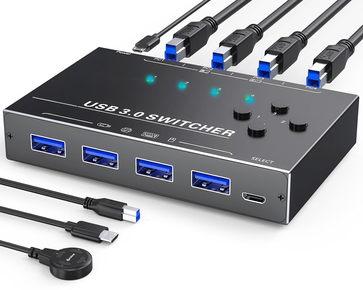 USB 3.0 Sharing Switch – 4 Computers Share – Buttons and Remote- 425-#1
