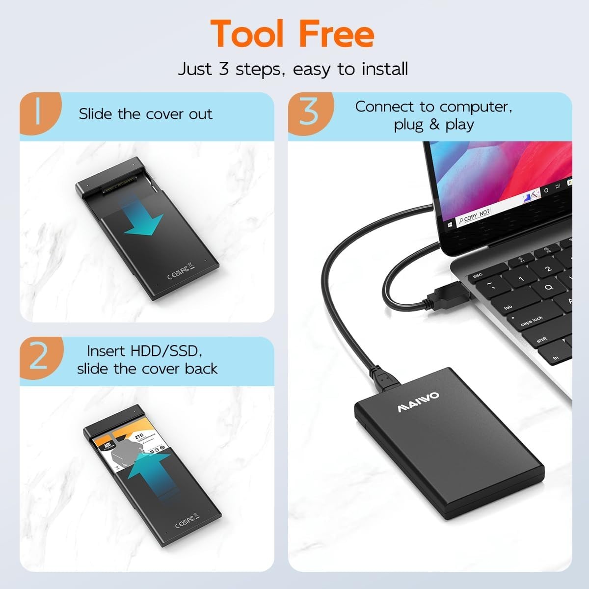 2.5 Inch USB 3.0 Tool-Free External SSD Enclosure – 16TB Capacity, UASP Support