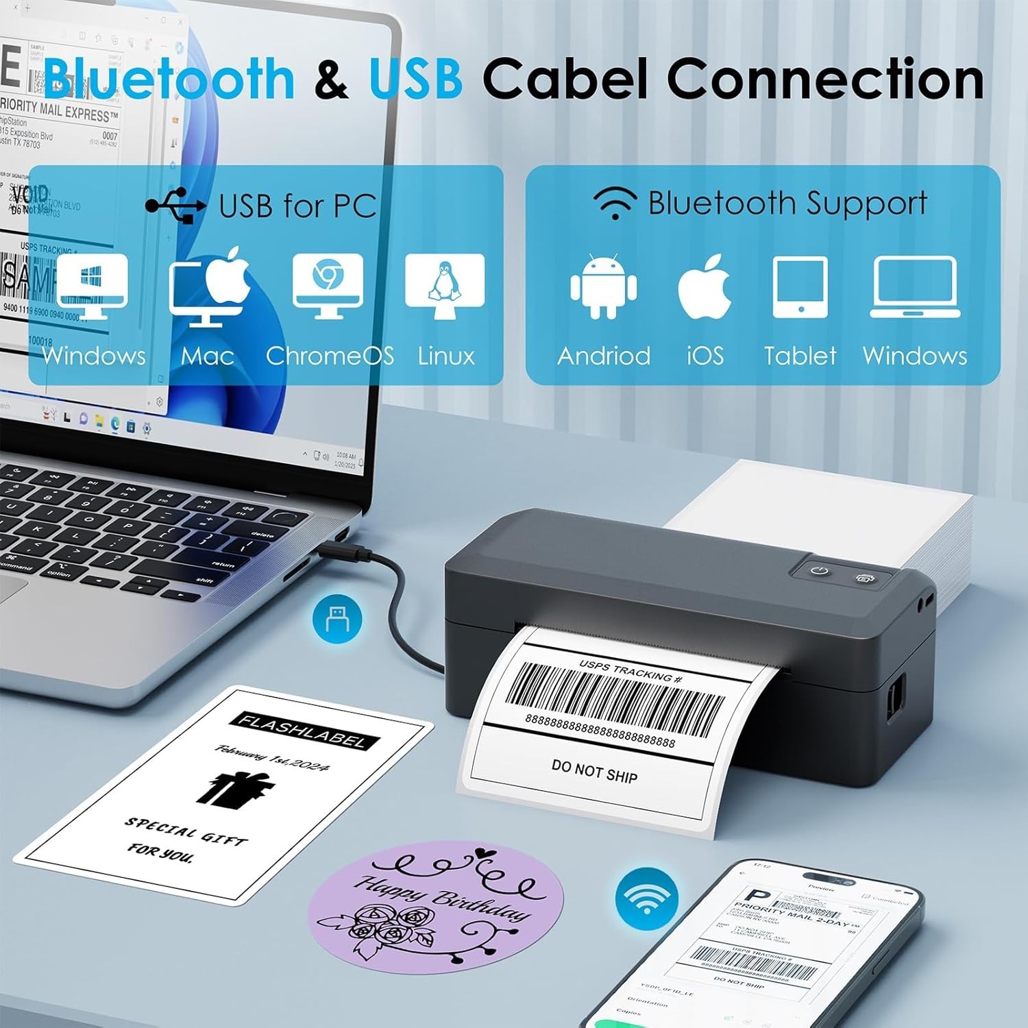 Versatile Bluetooth Label Printer – Supports iPhone, Android, Mac, and Windows