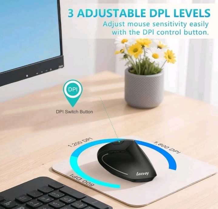 Ergonomic Vertical Wireless Rechargeable Optical Mouse 3 Adjustable DPI 800-1600
