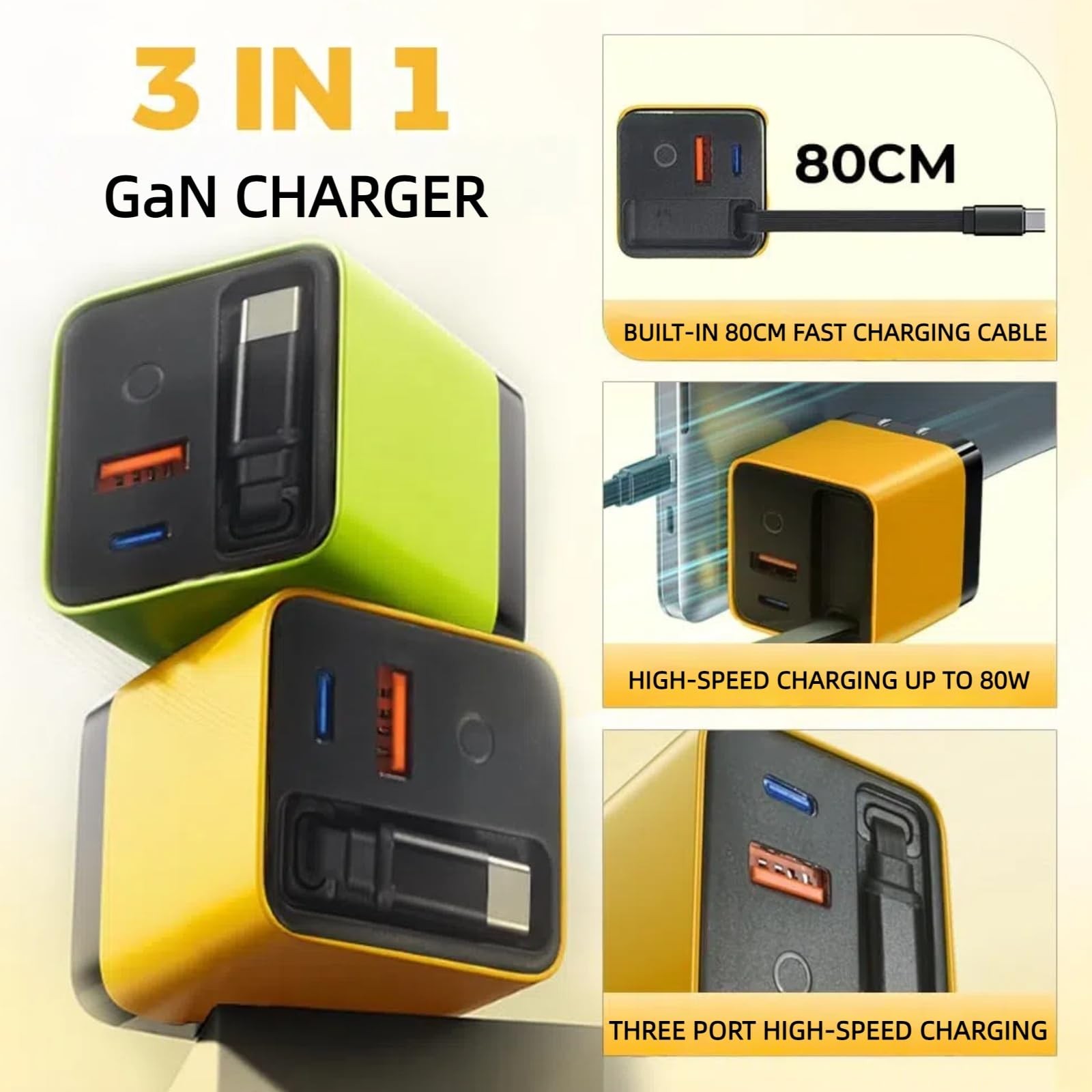 3 in 1 GaN Charger,80w Fast Charger Adapter with Type-C Cable & 2 USB yellow