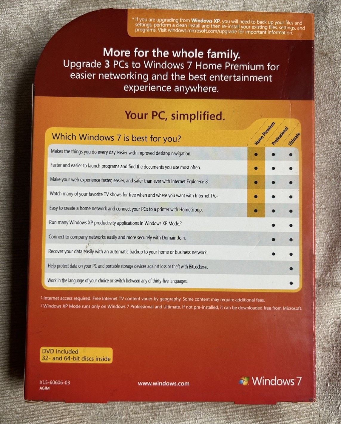 Microsoft Windows 7 Home Premium Upgrade Family Pack For 3 PCs 32 & 64 Bit DVDs