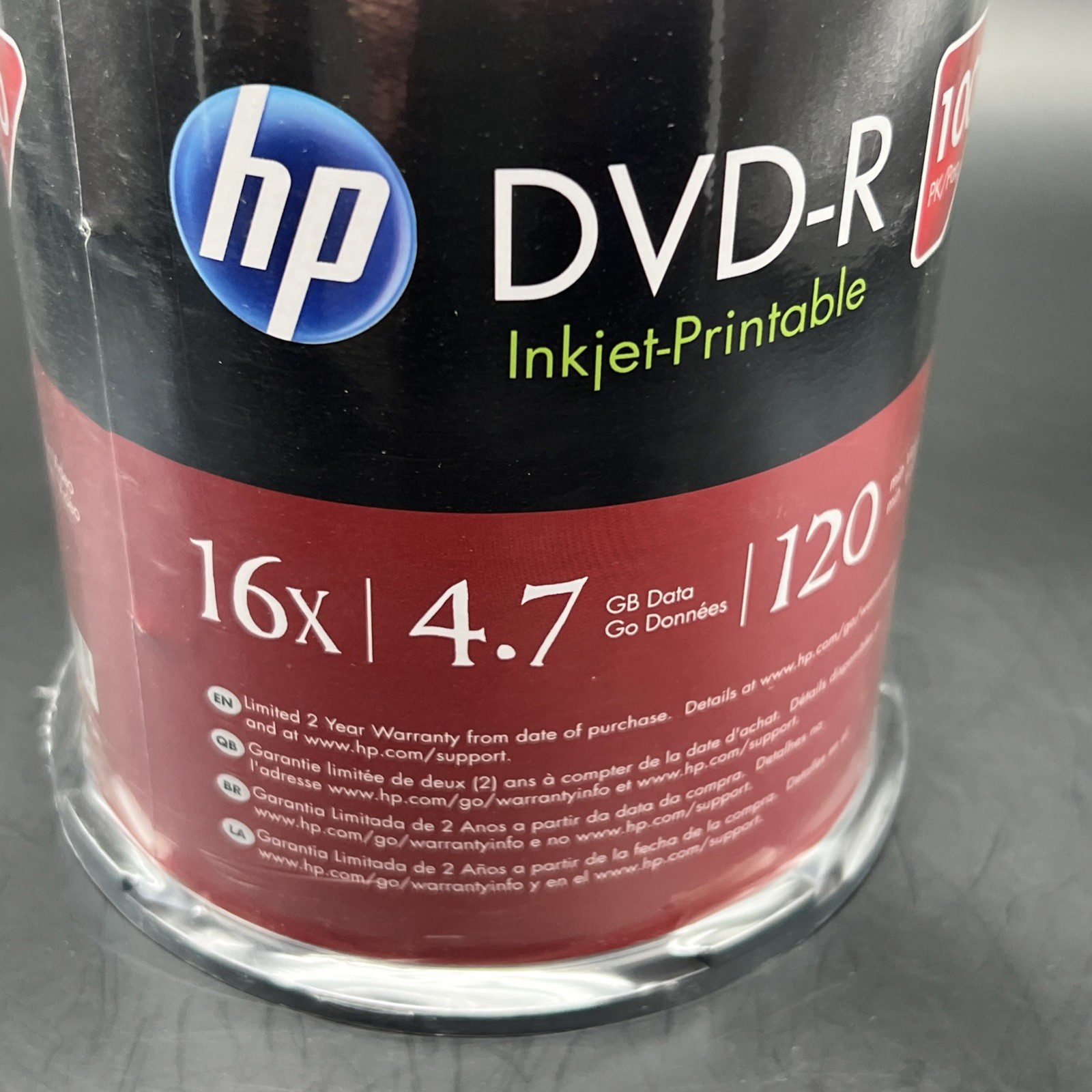 100 HP DVD-R DVD 16X Blank 4.7GB White Inkjet Printable Disc Spindle Cake Box