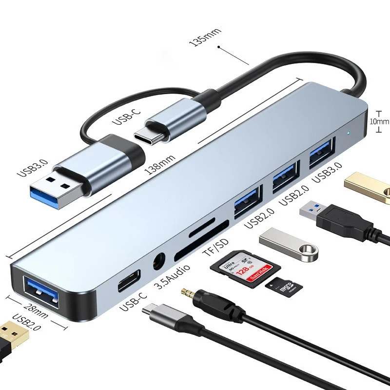8 In 2 USB HUB With Splitter Card Reader, USB C Port, USB 3.0 / 2.0, SD/TF Split