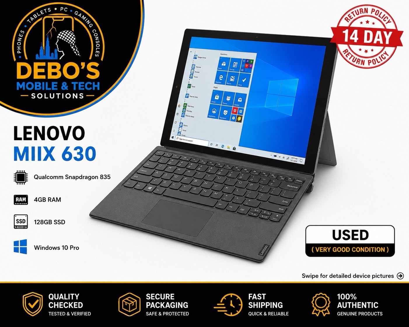Lenovo Miix 630 12.3” Touchscreen Snapdragon 835 4GB RAM 128GB SSD w/ Keyboard