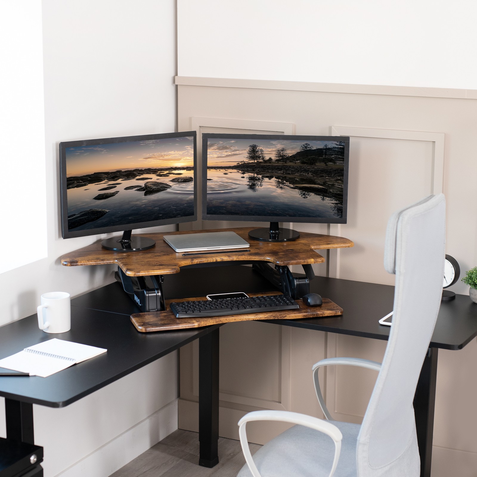 VIVO Rustic Vintage Brown Corner Height Adjustable Sit to Stand Tabletop Desk