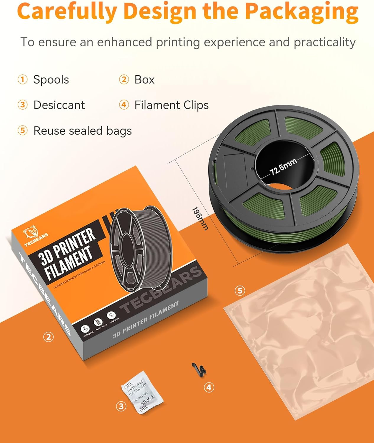 TECBEARS PLA+ Filament 3D Printer Bundle 1.75mm ±0.02 1KG PLA Plus Filament Gray