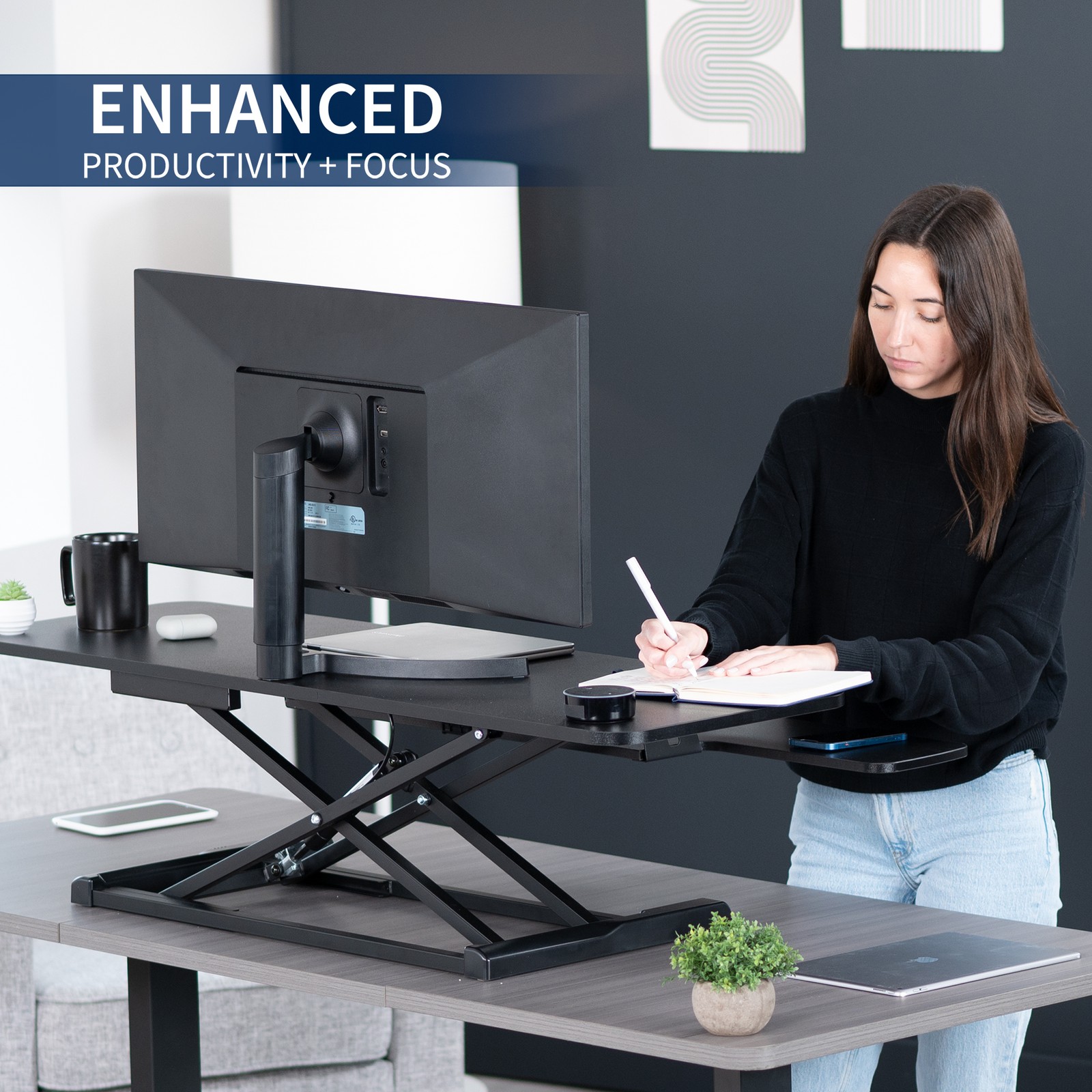 VIVO Black Height Adjustable 48″ Standing Desk Monitor Riser, Sit Stand Tabletop