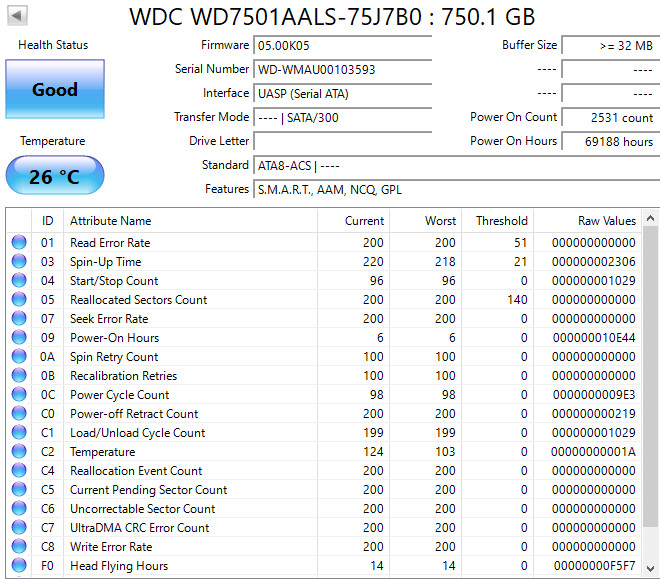 Western Digital Caviar Black 750GB 3.5″ SATA HDD WD7501AALS 100% HEALTH Good