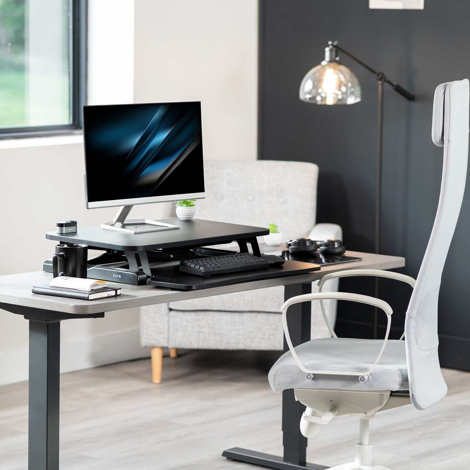 VIVO Black 26″ Height Adjustable Standing Desk Monitor Riser Sit Stand Tabletop