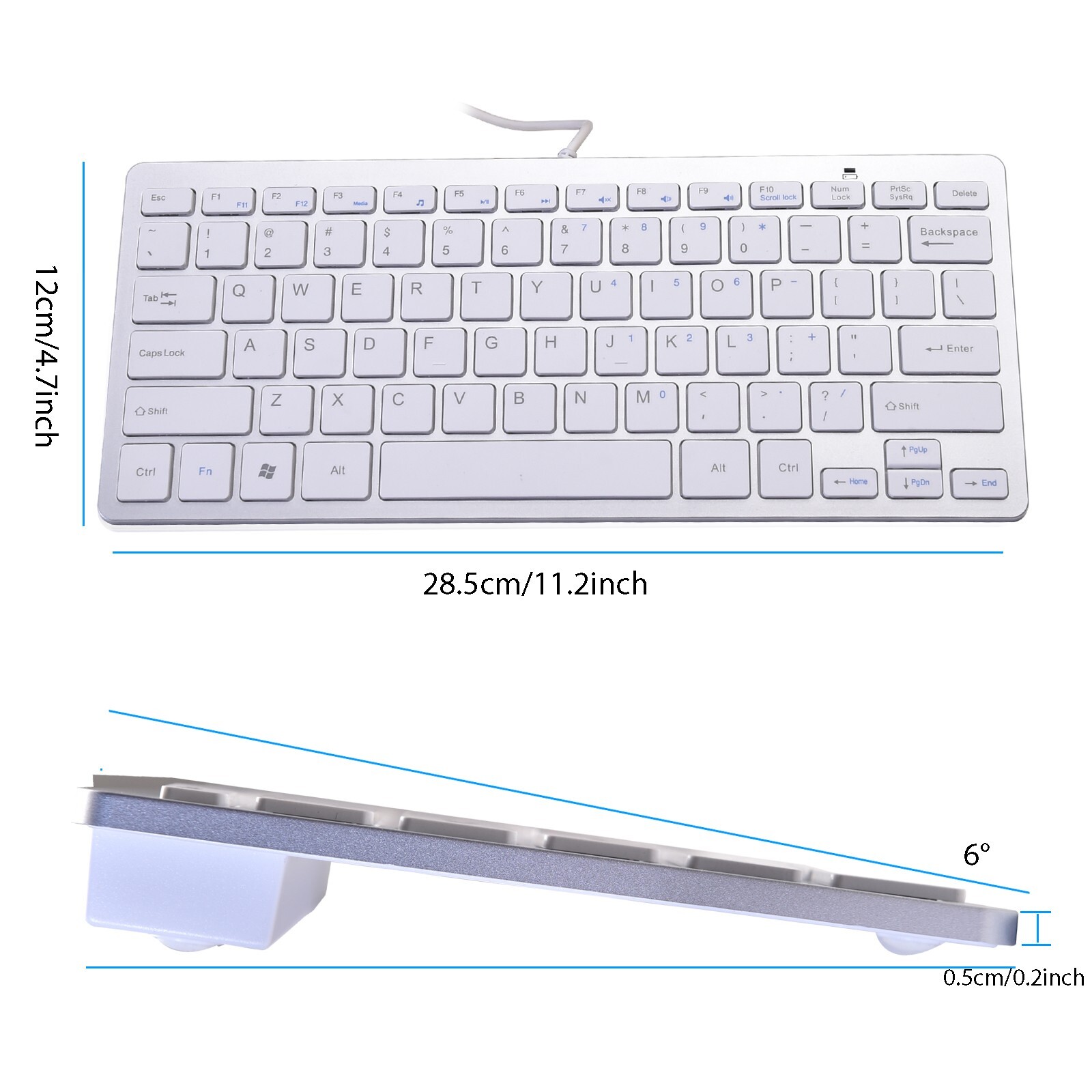 Ultra Thin Mini USB Wired Compact Keyboard for PC Mac Laptop 78 Key Silver White