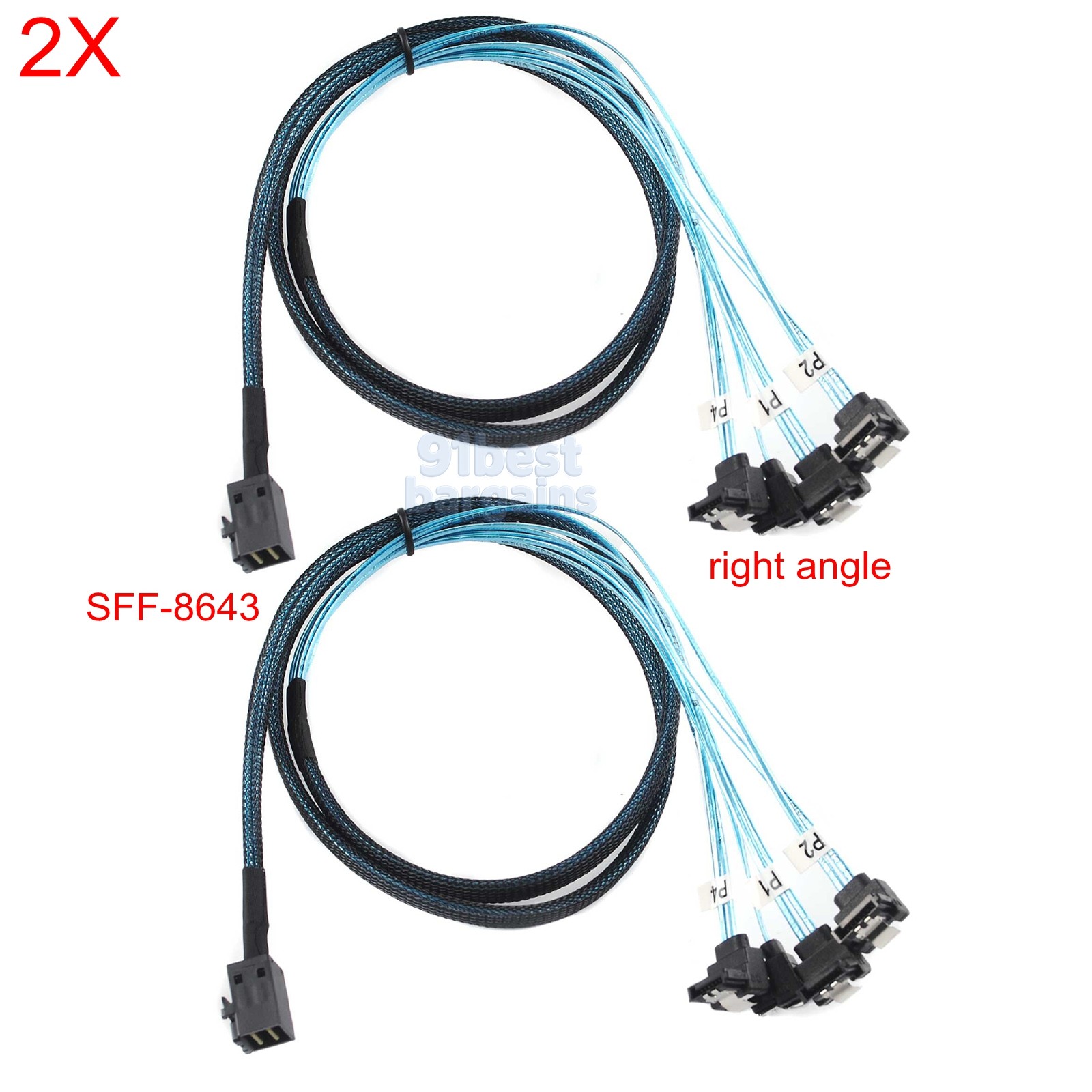 2pcs Mini SAS HD SFF-8643 Host to 4X SATA Right Angle Server Raid Cable 1M