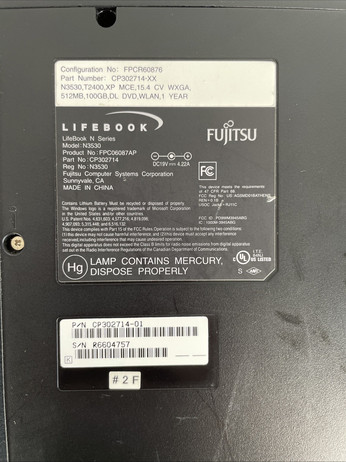 Fujitsu N series 3530 Lifebook T2400 @ 1.83 GHz 2GB RAM No HDD BB – TESTED