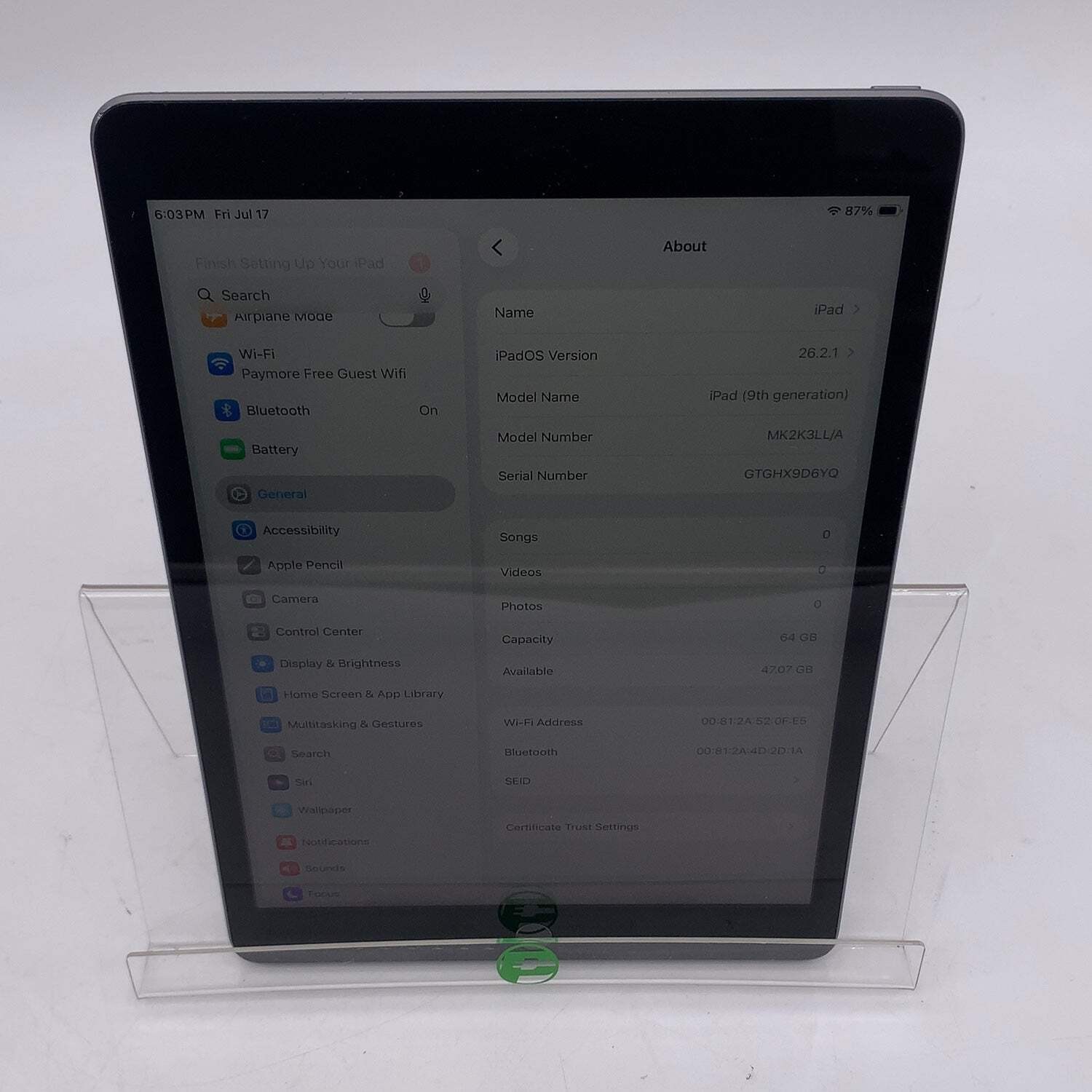 WiFi Only Apple iPad 9th Gen 64GB 26.2.1 Silver MK2K3LL/A