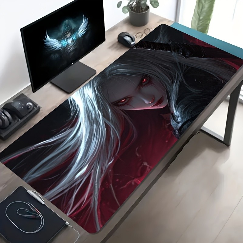 1 Extra-Large Gaming Mouse Pad with Red and Black Artwork of a White-Haired Cha