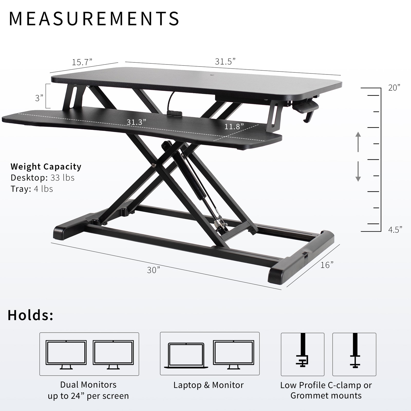 VIVO Black Height Adjustable Standing Desk Monitor Riser 32″ Sit Stand Tabletop