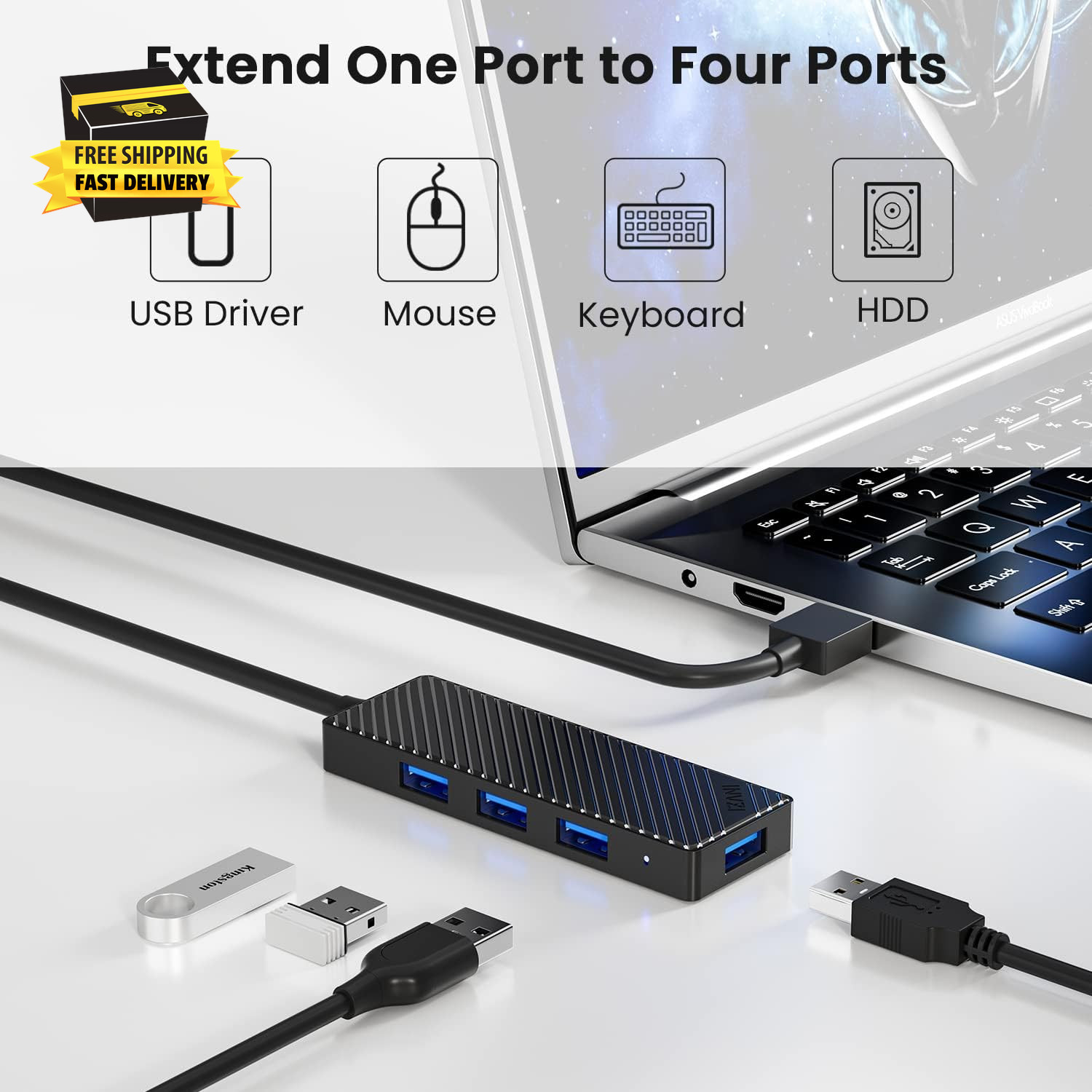 USB Hub 3.0 4-Port, Ultra Slim Data USB Splitter with 2Ft Extended Cable Compati