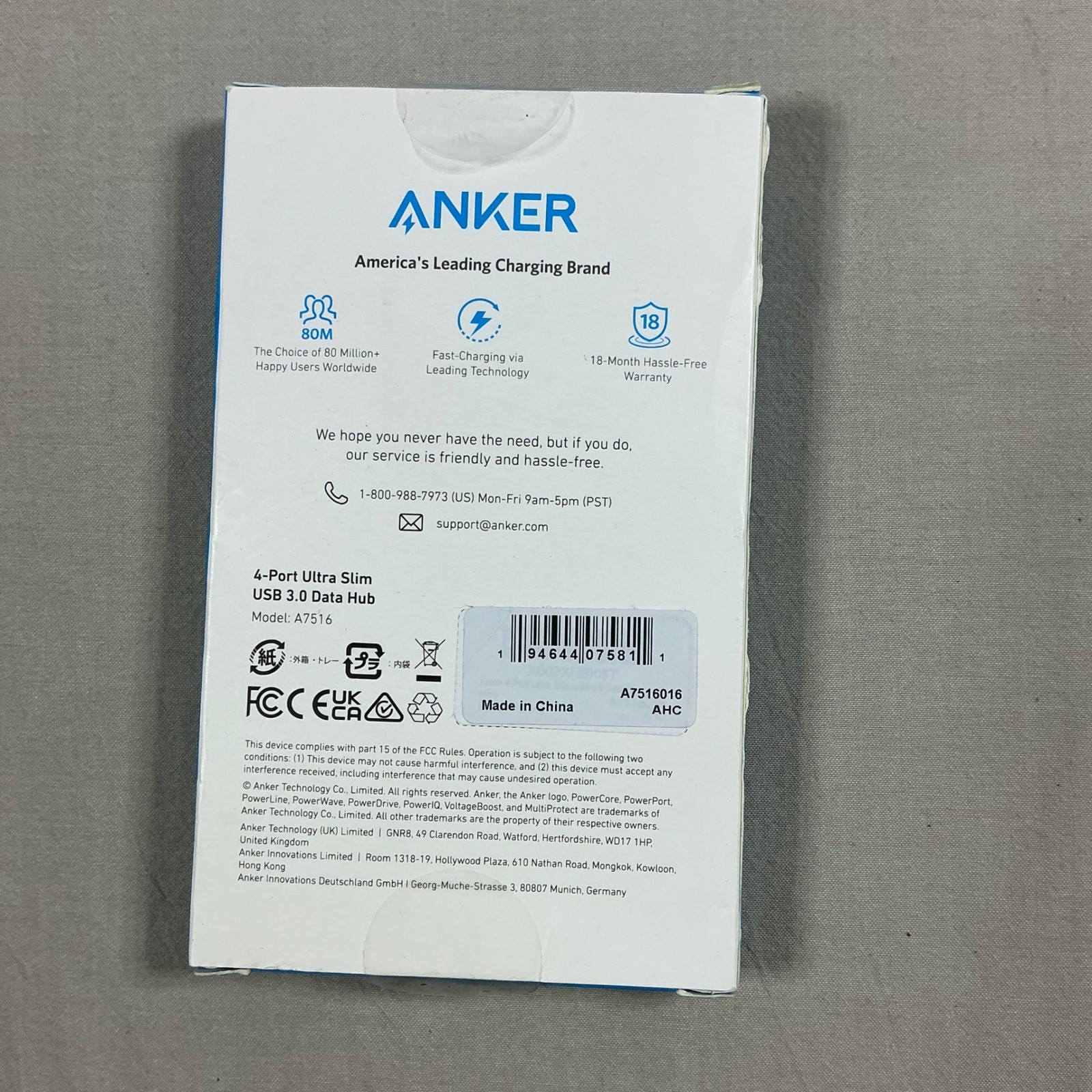 Anker 4-Port Ultra Slim USB 3.0 Data Hub Model A7516 Black High Speed Portable