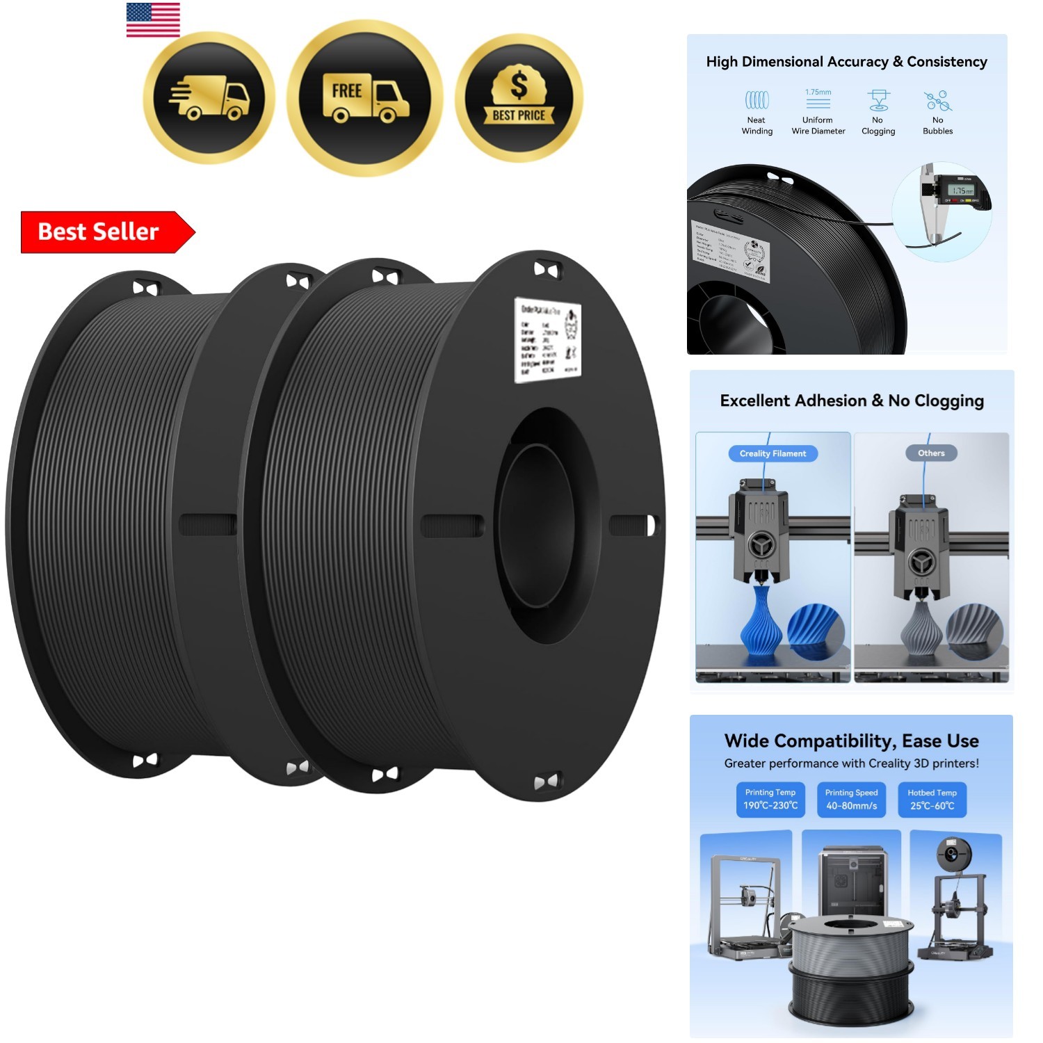 3D Printer Filament, PLA Filament 1.75mm Bundle 2Kg for 3D Printing, Ender PL…