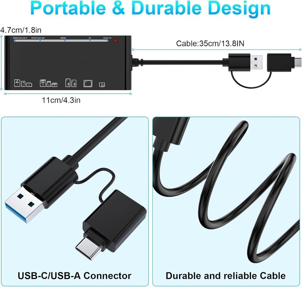 Memory Card Reader, USB 3.0 7 in 1 Adapter Hub, for SD, CF, TF, Micro SD, XD, MS