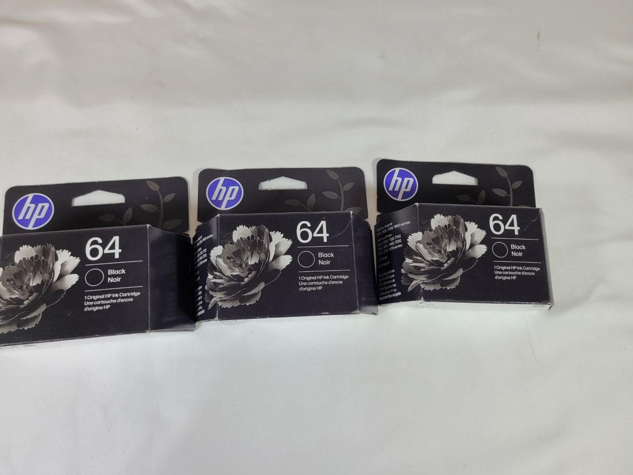 HP 64 Printer Ink BLACK Lot of 3 Boxes N9J90AN