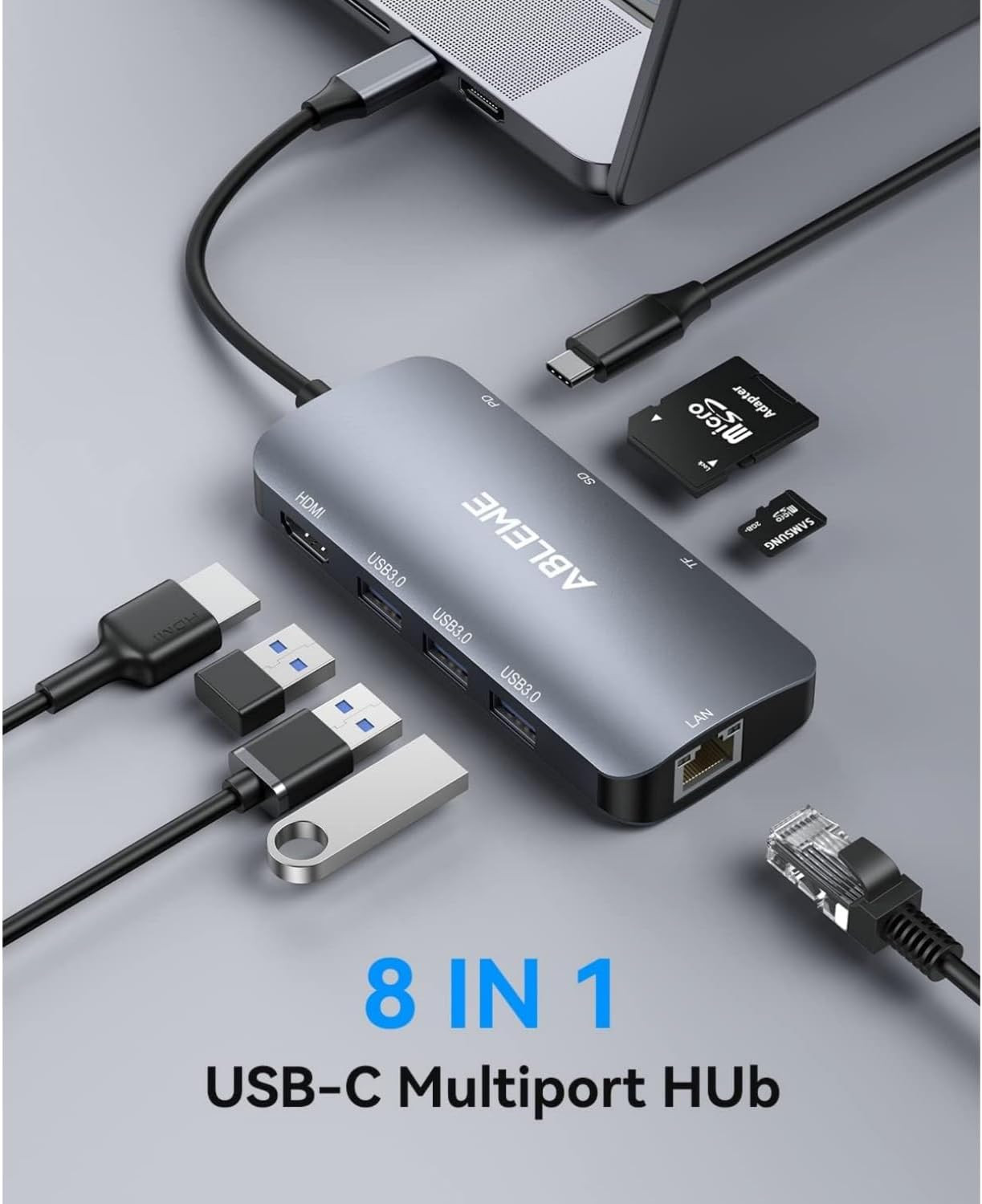 USB C Hub Ethernet, 8 in 1 Multiport USB C to HDMI Adapter 4K@60Hz,1000Mbps, 100
