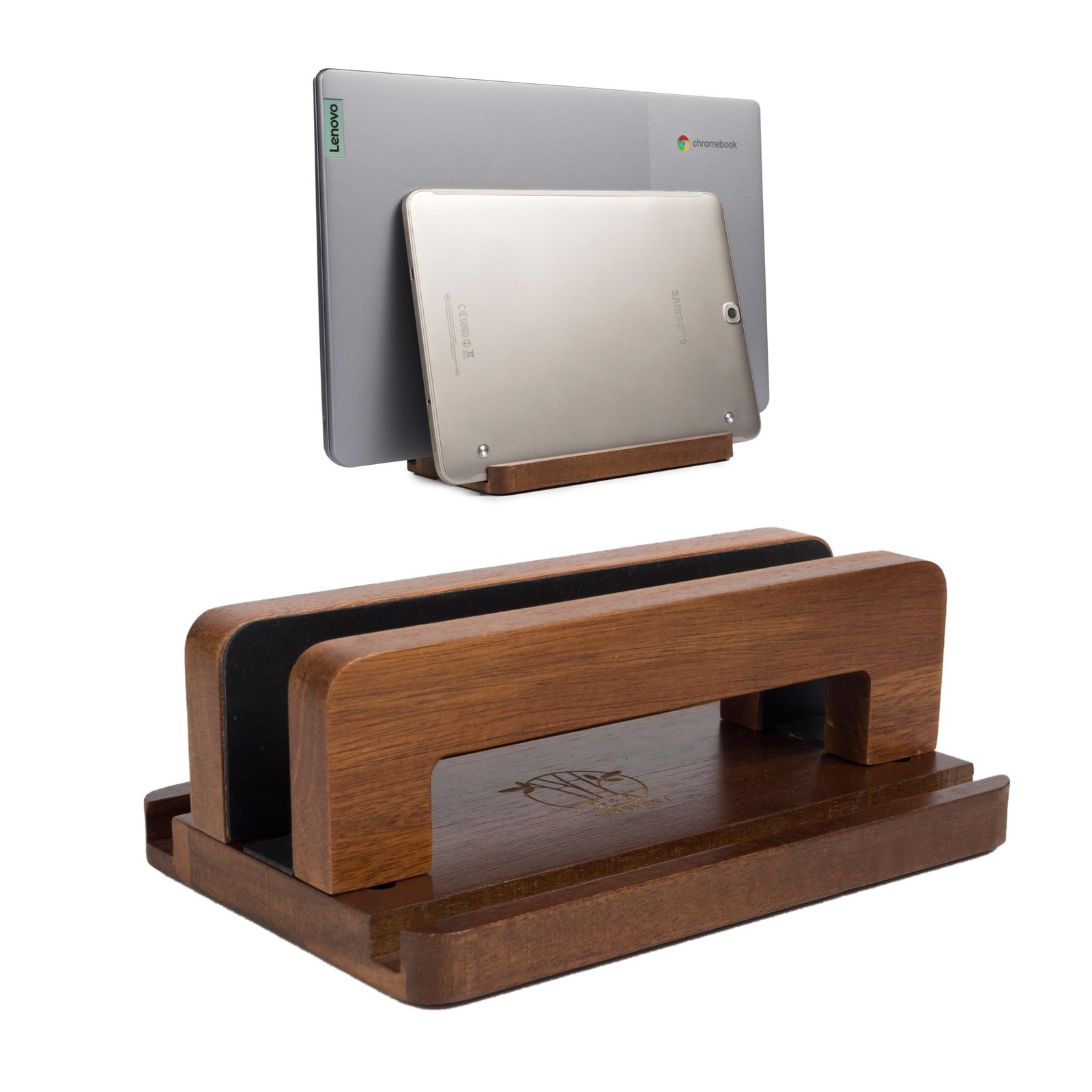 3 Slots Acacia Wood Vertical Laptop Stand, Adjustable Wooden Laptop Holder, N…