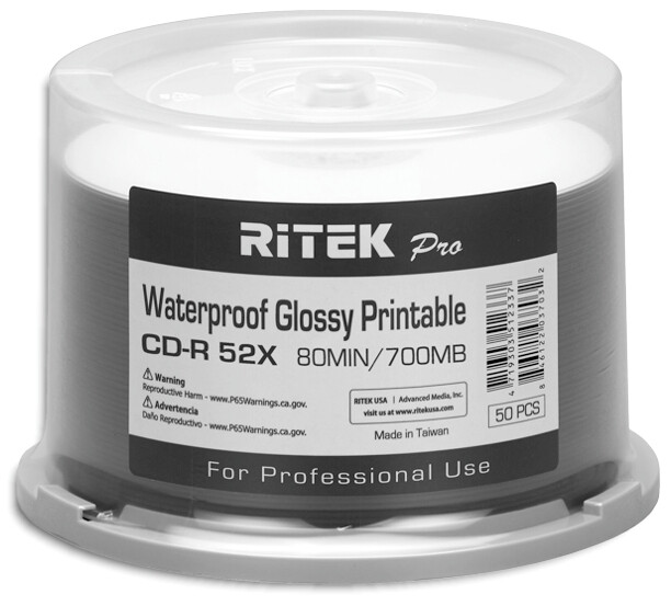200-Pak RITEK PRO Waterproof GLOSSY White Inkjet Hub 52X 80-Min CD-R’s