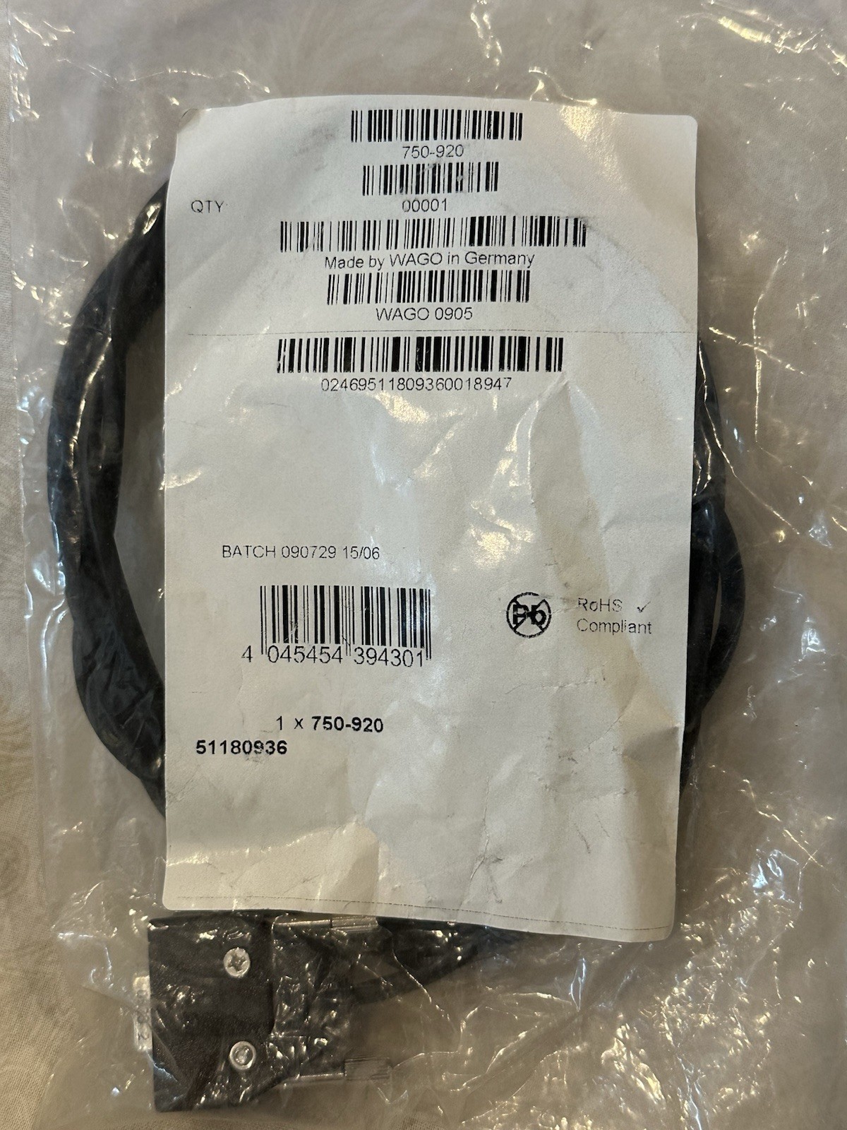 *NEW* WAGO 750-920 Black Cable 3-Pin to 3-Pin Connector Assembly RoHS Compliant