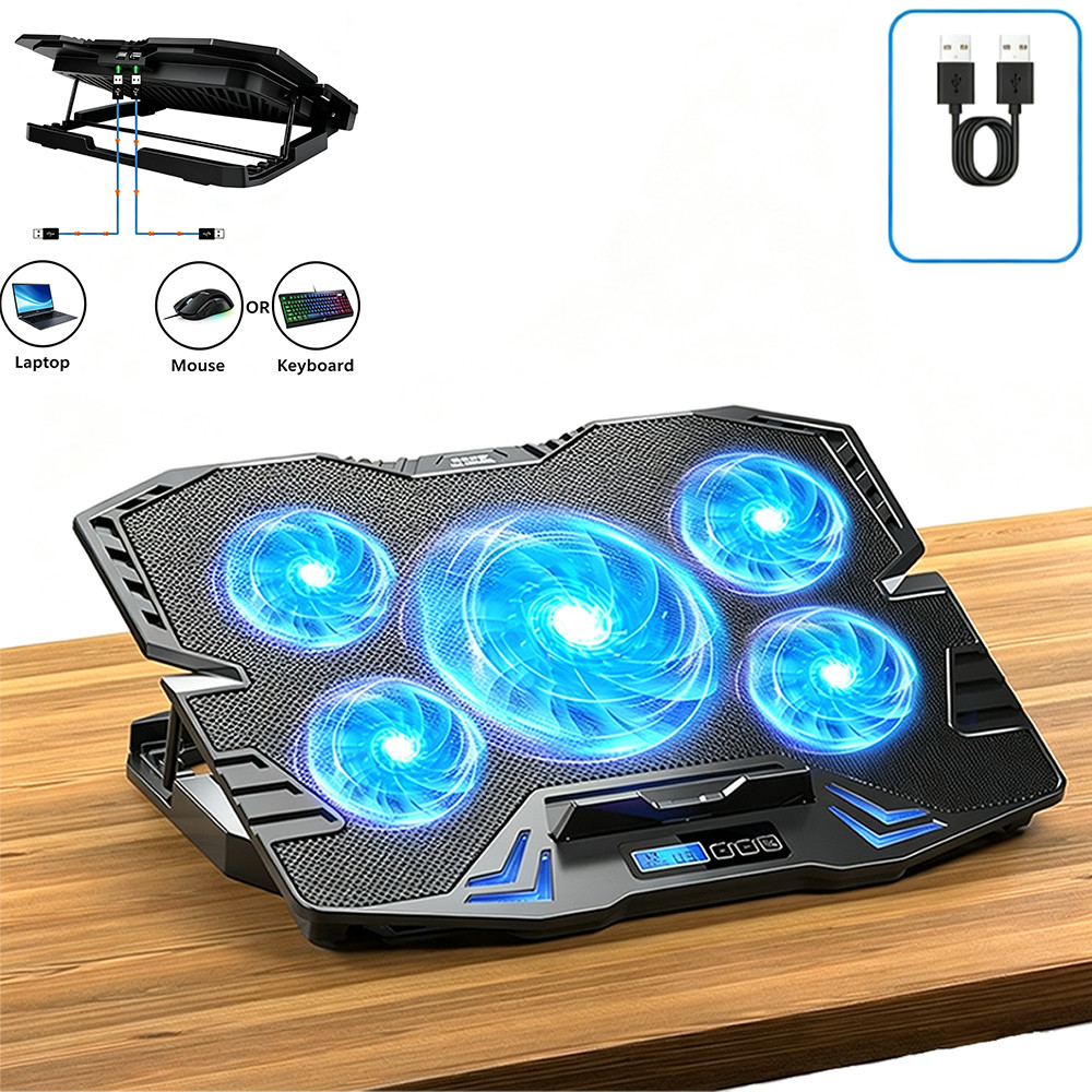 C5 Laptop Cooling Pad Adjustable Height 5 Quiet Fans Blue LED Light LCD Controll