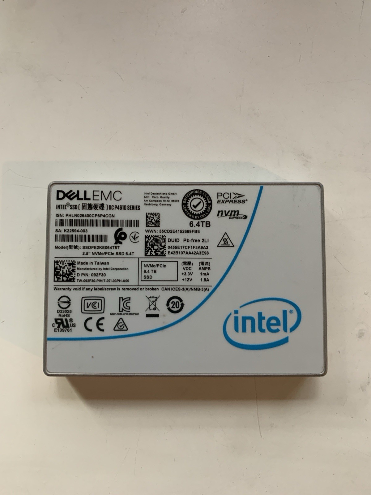 DELL EMC Intel DC P4610 Series 6.4TB NVMe SSDPE2KE064T8T