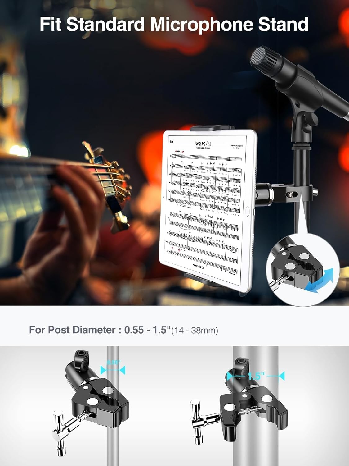 elitehood Metal iPad Holder for Mic Stand, 4.5in – Single Ball Joint, Black