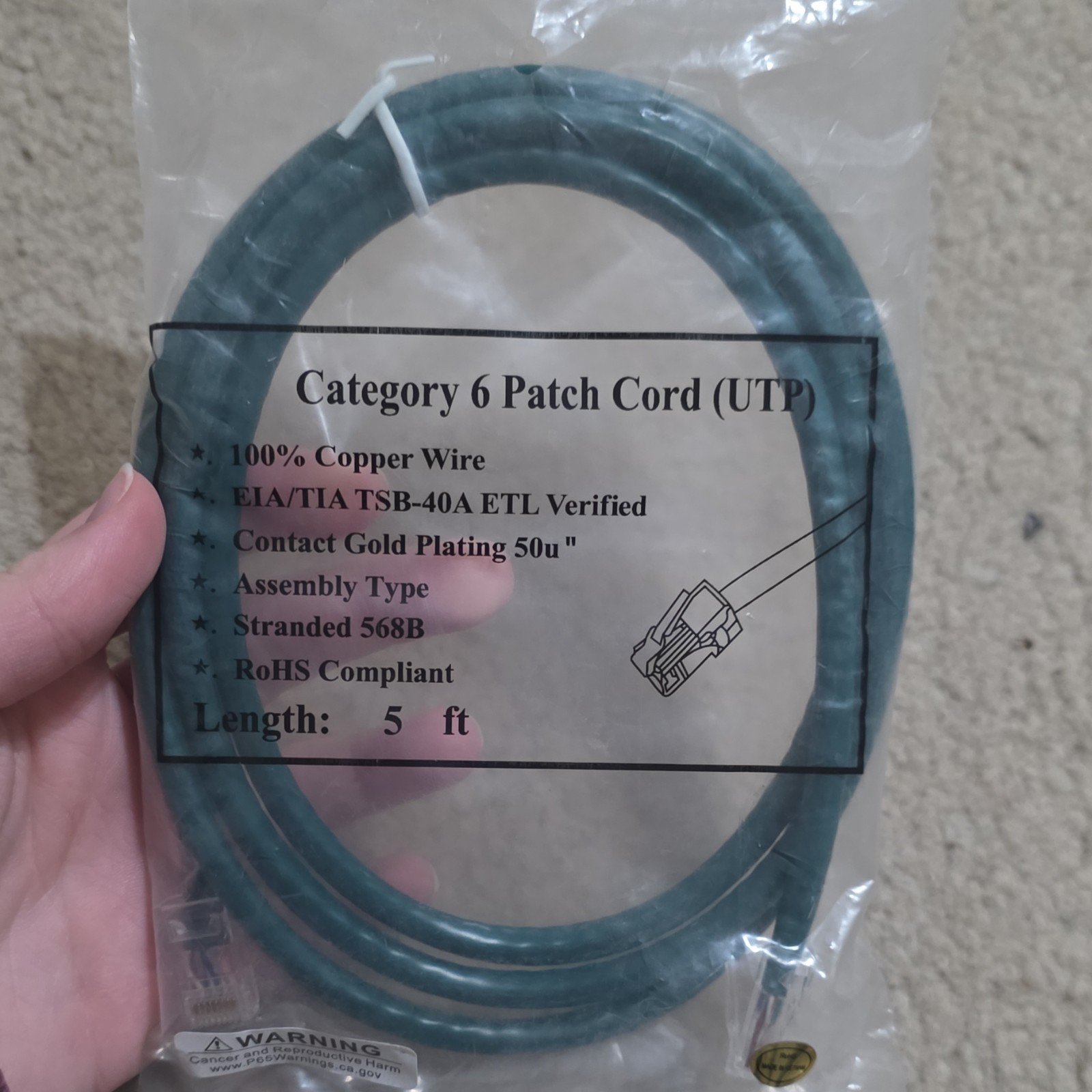 Cat 6 Ethernet Patch Cable RJ-45 5 ft Green Stranded 568B RoHS Compliant