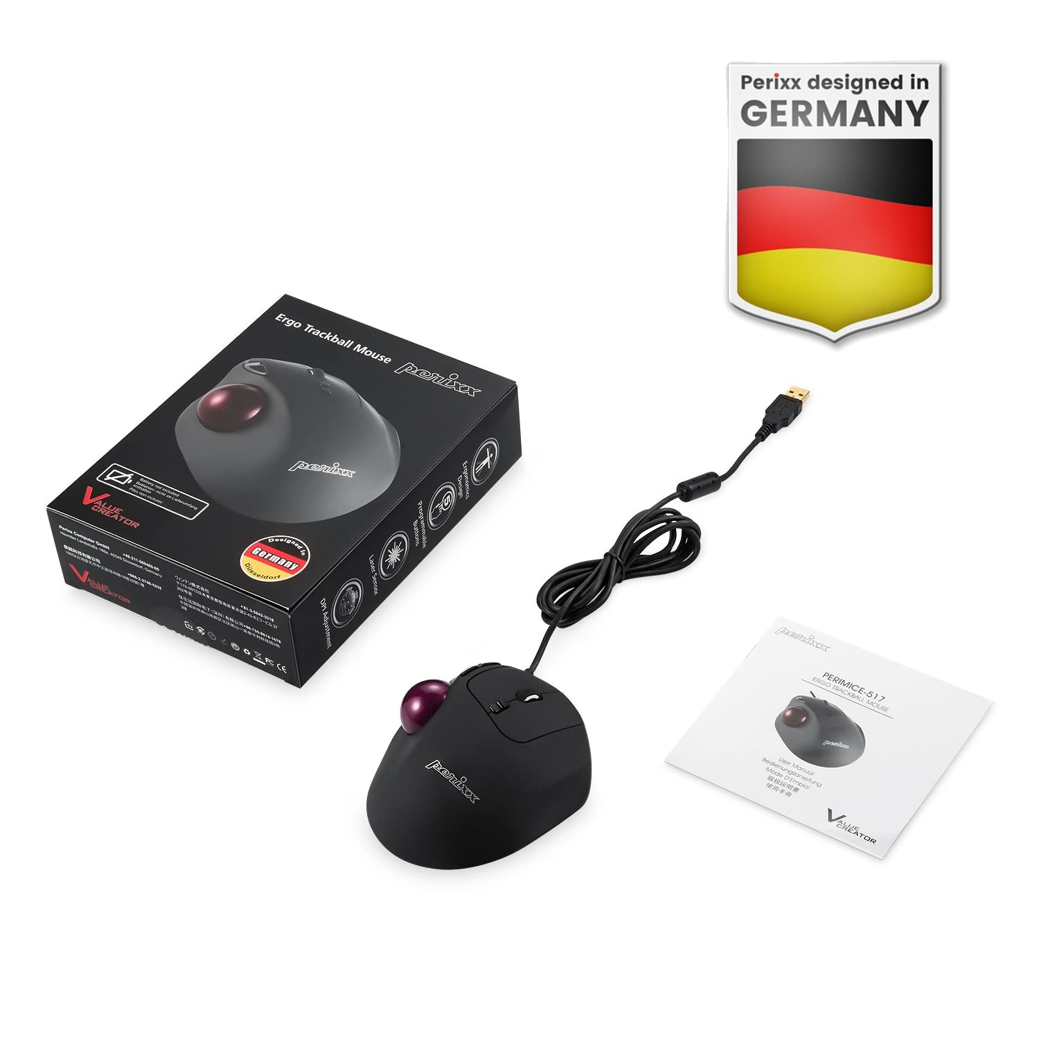 Perixx Perimice-517 Wired Trackball USB Mouse, 7 Button Design, Build-in 1.34