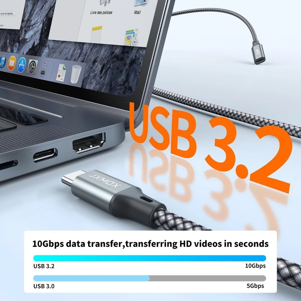 USB-C Type C Extension Cable (3.3Ft/1m/10Gbps) Male-Female 100W 5A Fast Charging