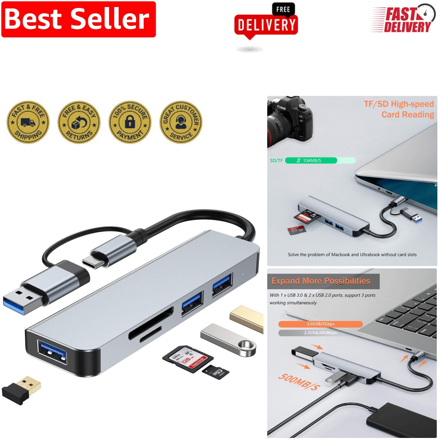 USB-C Hub: 5 in 1 with 3 Ports & SD Card Reader for Multiple Devices