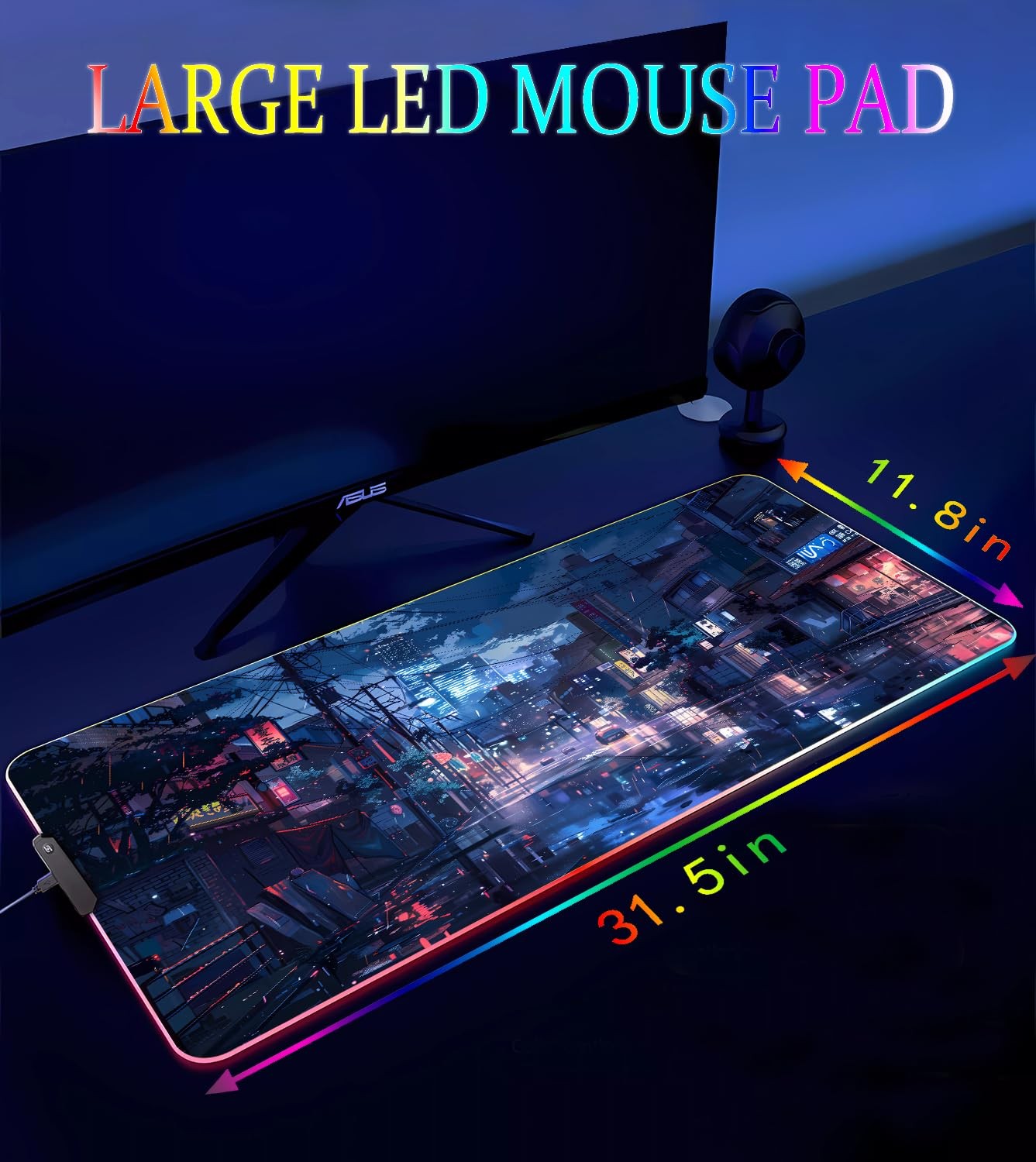 Gaming Mouse Pad, Large Mousepad Led Light, 31.5 X 11.8 Inch, Japanese Streets