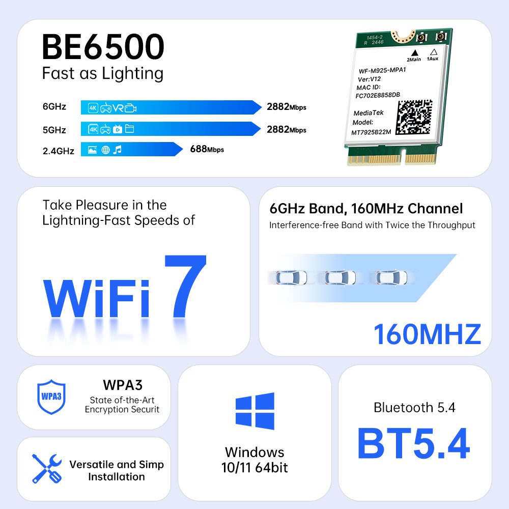 Wireless Card WiFi 7 MT7925 Tri-band Bluetooth 5.4 WiFi Adapter 802.11BE 6GHz