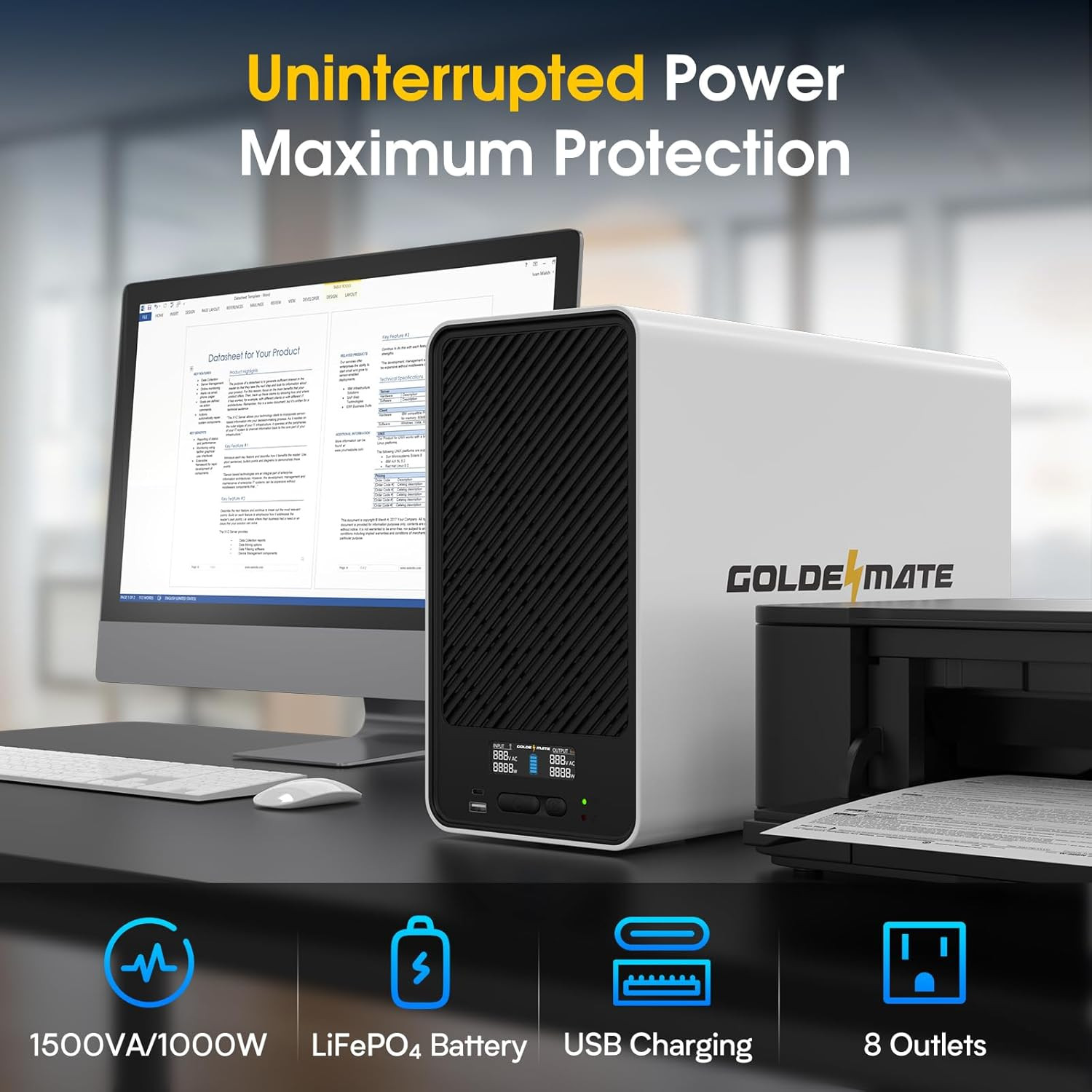 1500VA/1000W Lithium UPS Battery Backup and Surge Protector, Backup Battery Powe