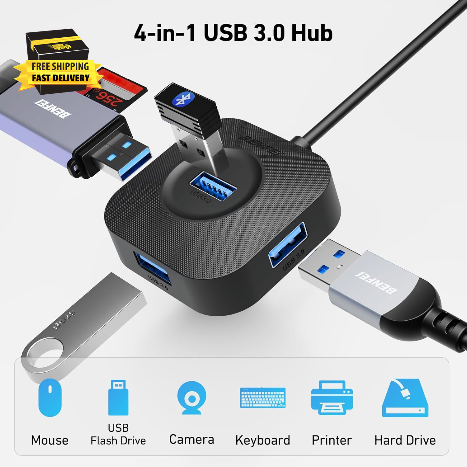 USB 3.0 Hub, 4 Ports USB a Splitter Ultra Compact for Mouse, Keyboard, Flash Dri