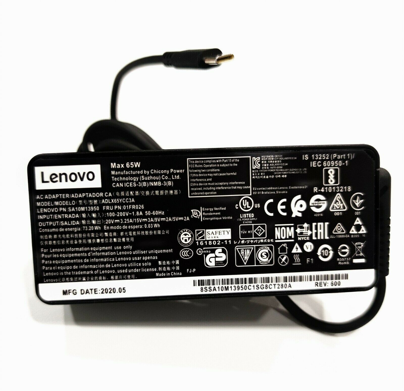 Genuine 65W USB-C Adapter for Lenovo ThinkPad E14 E15 T480s T490 T14 T15 X1 X13