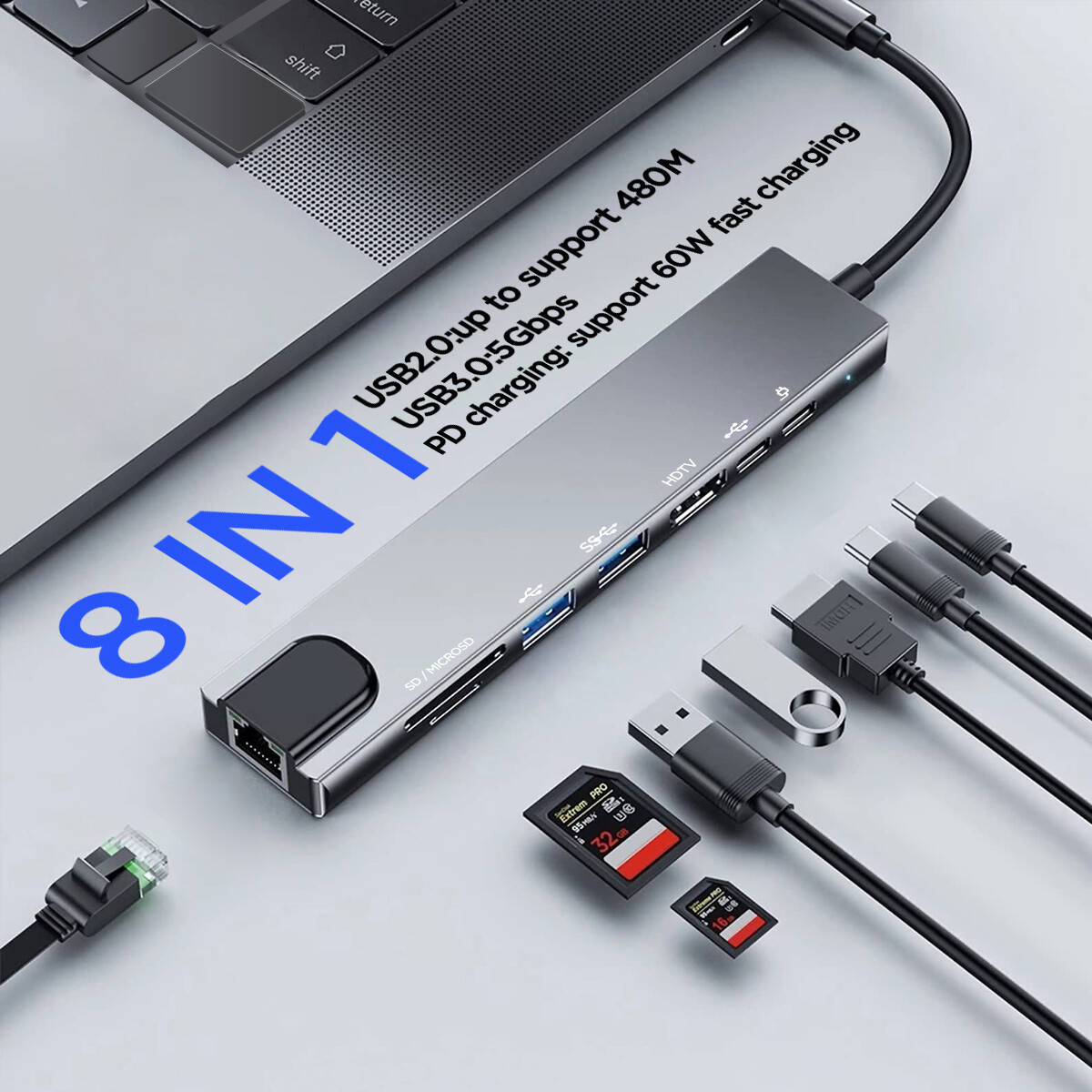 USB C Hub 8 in 1 USB C to HDMI Multiport Dongle Adapter 4K HDMI, 3 USB 3.0 Ports