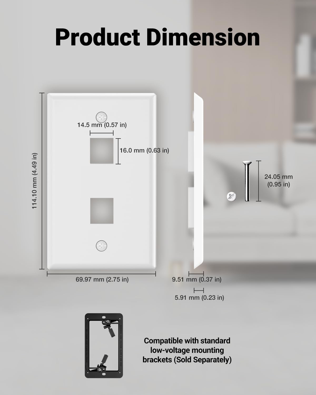 VCE 2 Port Keystone Wall Plate UL Listed 4.49 × 2.76 × 0.37 inches, White