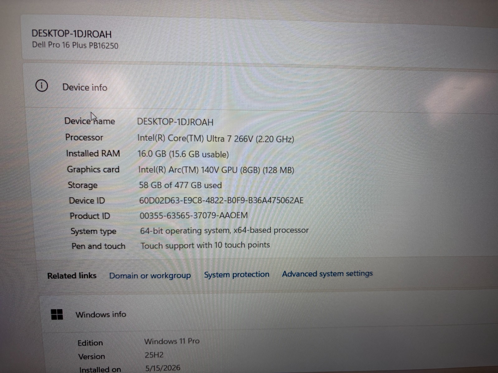 Dell Pro 16 Plus PB16250 16″ Touch Screen Core Ultra 7 16GB 512GB SSD GPU 8GB